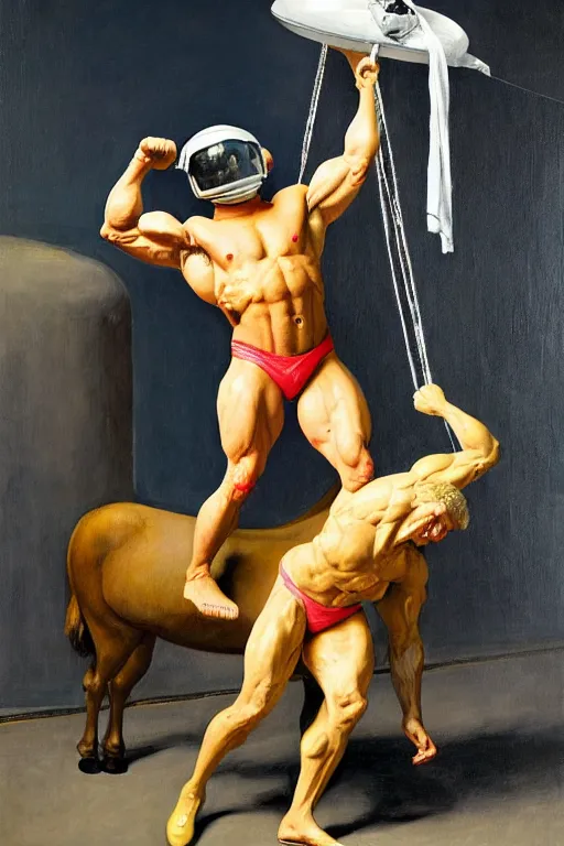 Prompt: bodybuilder in an astronaut helmet and costume lifts a statue of a horse, highly detailed painting by francis bacon, edward hopper, adrian ghenie, gerhard richter, and james jean soft light 4 k,