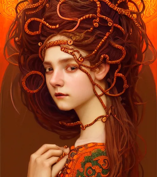 Prompt: portrait of teenage medusa, snake hair, naughty smile, wearing an embroidered orange tunic, intricate, sensual, sultry, elegant, copper and emerald jewelry, glowing lights, seductive, highly detailed, digital painting, artstation, concept art, smooth, sharp focus, illustration, art by wlop, mucha, artgerm, and greg rutkowski