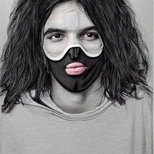 Image similar to professional pencil sketch of a young adult man with slightly long hair wearing a black face mask and an oversized dark sweatshirt and dark sweatpants, high quality, HD, 8K, highly detailed, award-winning