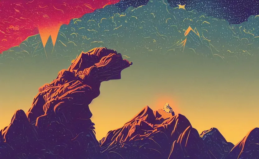 Image similar to mountains, stars and paisley filled sky, artstation, intricate, highly detailed, digital painting, concept art, sharp focus, illustration by tom whalen and charles williams and kilian eng and james jean