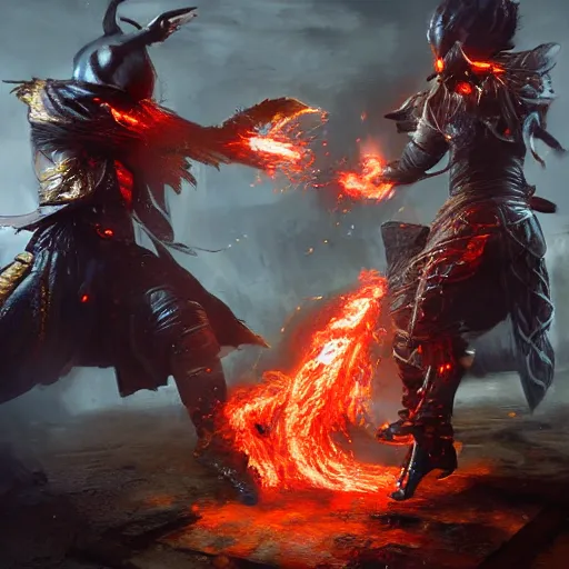 Prompt: pyrokinetic wizards sparring with fireballs. digital art. chris rahn. ruan jia. bussiere. detailed. photo realistic. unreal engine. trending on artstation. award winning artwork.