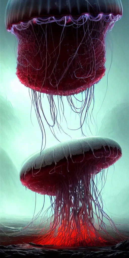 Prompt: concept art of an alien giant jellyfish scutigera, with a glowing circulatory system, above a mass of cybernetic worms, on a dark rock background, spirals of fog, grimy, gritty, trending on artstation, award winning photography, close portrait, by alex andreev and andreas achenbach and chris cunningham