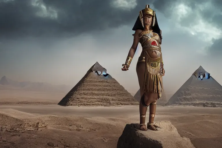 Prompt: a cinematic photograph of a beautiful woman wearing egyptian clothing stood on a pyramid overlooking a vast dystopian desert landscape with a river, rainy day, beautiful lighting, depth, accurate details, by marco mazzoni and zack snyder