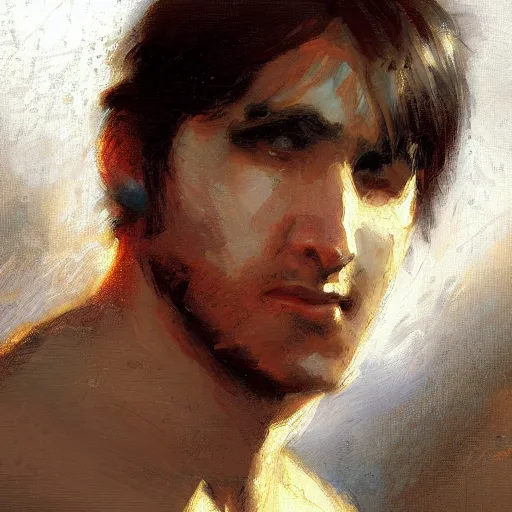 Prompt: A handsome emo guy, close-up painting by Gaston Bussiere, Craig Mullins