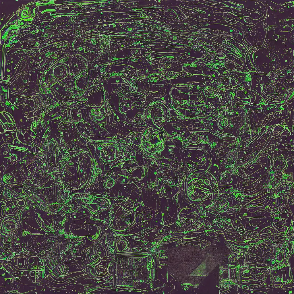 Image similar to toads, big toad, mechanical artwork, technical, abstract, acrylic, oil, circuit board, clay, lines, vektroid, dots, drips, dimensions, tears, leaks, glitches, geometry, data, datamosh, motherboard, minimal, vinyl, code, cybernetic, painting, dark, eerie, cyber