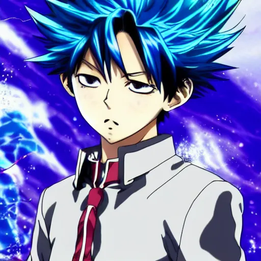 Image similar to anime key visual of a boy with blue spikey hair and water powers, highly detailed portrait, very very anime!!!, unreal engine, shonen style, by kohei horikoshi!!!!!, big eyes, detailed, by hiromu arakawa, by gege akutami, 2 d, funimation, 8 k,