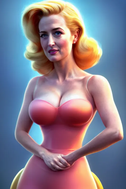 Image similar to polished sweaty princess peach : : gillian anderson kate upton : : christina hendricks body : : weta disney pixar movie still photo : : hi - fructose, sci fi, fantasy, decadent highly - detailed digital painting, golden ratio, octane render, artstation, smooth, sharp focus, artgerm, mucha, loish, wlop : :