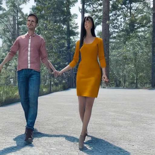 Image similar to highly detailed full body unreal engine 5 render of a woman and a man holding hands