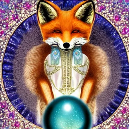 Image similar to anthropomorphous fox wearing gypsy clothing, looking into a magical crystal ball