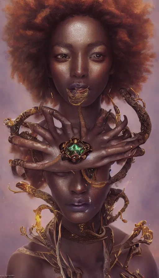 Image similar to epic masterpiece portrait of a dark skin sorceress with a magic wand, african tribe, sweaty skin, hyperrealistic, octane render, cinematic, followed by heads with many faces, beautiful face and flawless skin, perfect hands, emeralds by Edgar Maxence and Ross Tran and Michael Whelan, Legends of Runeterra