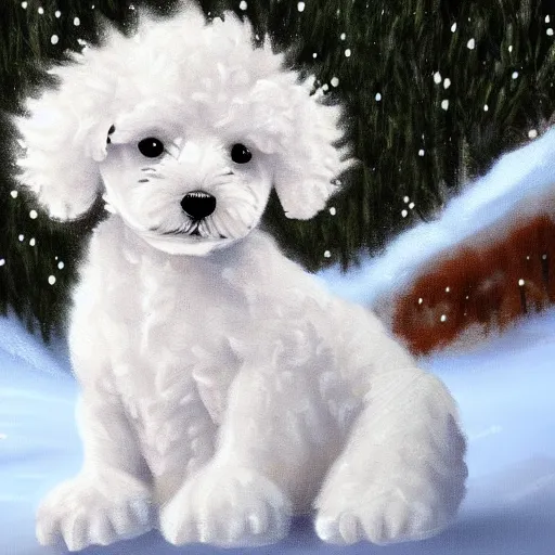 Image similar to cute fluffy white poodle puppy sitting in snowy winter landscape detailed painting 4k