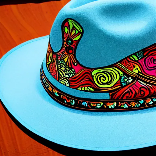 Image similar to dolphin design on a fedora in the style of mexican folk art