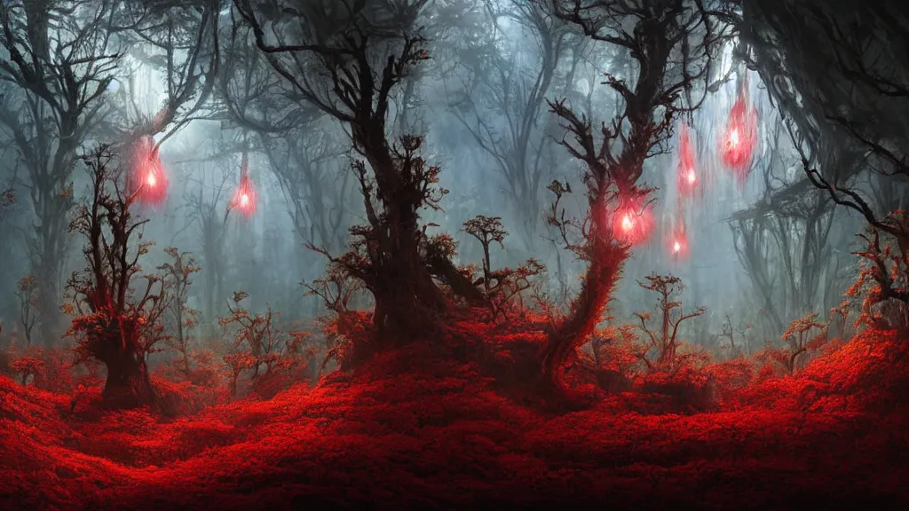 Image similar to dramatic Photorealistic dramatic Landscape Matte painting,Looking through deep inside an Alien planets dense red forest,a lone astronaut in a white spacesuit with lights is exploring hundreds of tall gigantic monster carnivorous Red Venus Flytrap plants with razor sharp teeth and glowing bulbs,translucent wet and slimy plant life by Greg Rutkowski,Craig Mullins,Fenghua Zhong,a misty haze,Beautiful dramatic moody nighttime lighting,Cinematic Atmosphere, Volumetric Lighting,Terragen,Octane Render,8k