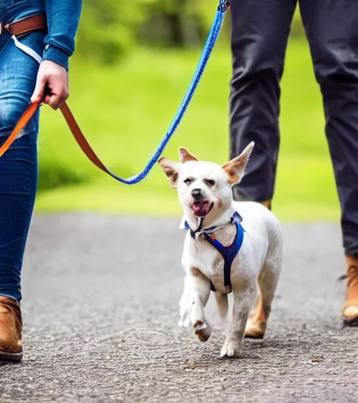 Prompt: a dog walking a human on a leash