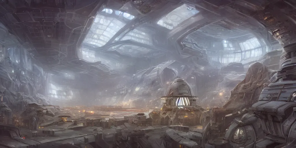 Image similar to one thousand aligned cryogenic pods, spaceship hangar, symmetrical, sci-fi, cryogenic pods, many cryogenic pods, interior, fantasy, 4k, wide shot, matte painting, oil painting, concept art, art station, alan lee and peter mohrbacher and frank frazetta and mike mignola
