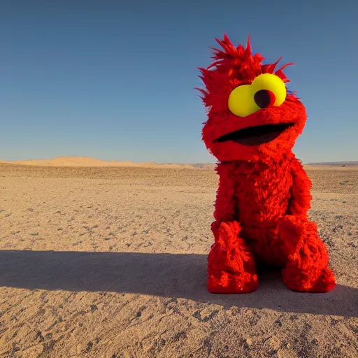 Prompt: Elmo dressed as a United States Marine in the desert sitting in a desert village, 8k, dramatic, depth of field,