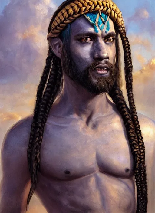 Prompt: a face portrait of a humanoid male with turquois colored skin!, triton race from d & d, gills on his neck, long black hair with some braids, with yellow eyes, style by donato giancola, wayne reynolds, jeff easley dramatic light, high detail, cinematic lighting, artstation, dungeons and dragons