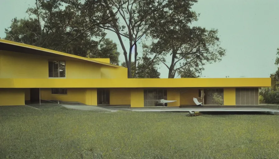 Prompt: architecture ad for a mid-century modern house designed by Charles Eames. Film grain, cinematic, colorized, yellow hue.