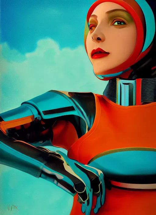 Prompt: symmetry closeup portrait of a racer girl cyborg jumpsuit in clouds cinematic light windy teal orange by gerald brom by mikhail vr