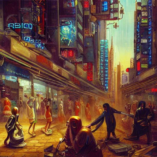Prompt: beautiful detailed religious oil painting of a war between robotic cyborg Street kids and business people in suits, cyberpunk