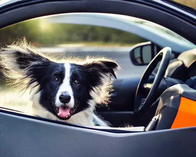 Prompt: border collie dog in the driver's seat of an orange nissan note, rally driving photo, award winning photo, golden hour, perfect composition