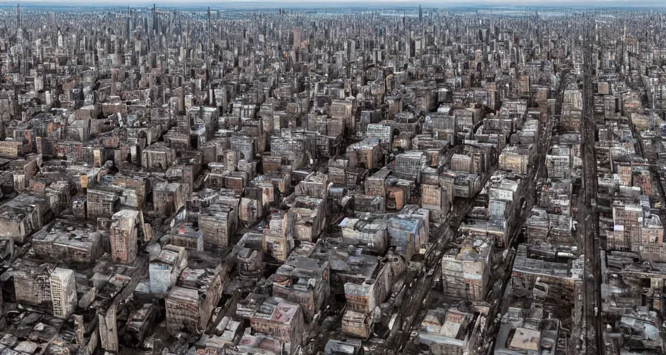 Image similar to aerial view of dilapidated zombie - apocalypse new york city in real life, desolate with zombies, dilapidated, empty streets, nightmarish, some rusted style parked vehicles, sunny weather, few clouds, volumetric lighting, photorealistic, daytime, autumn, sharp focus, ultra detailed, cgsociety