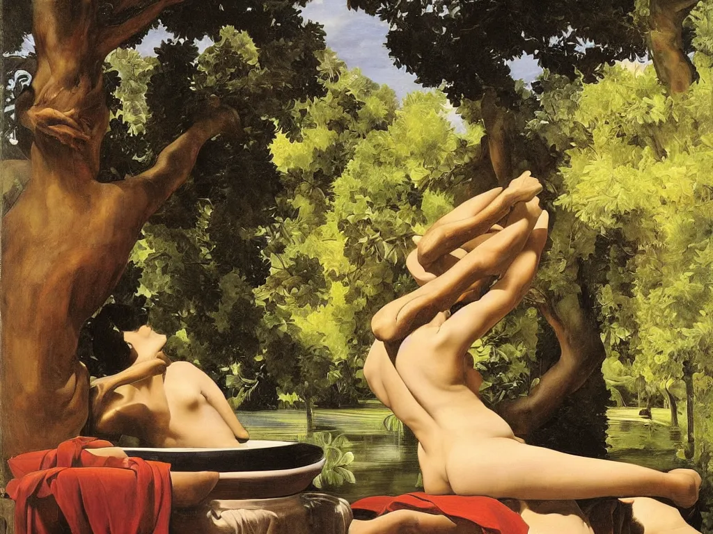 Prompt: Woman taking a bath in a strange, giant ceramic basin sculpted by Henri Moore. Afternoon light, thunderstorm. Painting by Caravaggio, Roger Dean