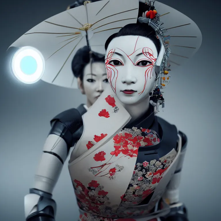 Image similar to a beautiful japanese geisha robot android portrait, kabuki mask, in the style of ash thorp, beautiful, diffuse cinematic lighting, anamorphic lens, anamorphic lens flare, hyper real, intricate detail, octane renderer, unreal engine 5