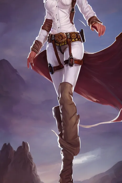 Image similar to full body, female cowgirl, perfect face, white blouse, holster, 8 k, magic the gathering, desert, d & d, artstation, high detail, smooth, sweaty