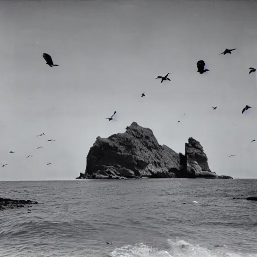 Image similar to A coast with sand and small rocks with a blue sky and a troubled sea and an old sailing ship on the horizon and in the sky is a flock of birds flying southwards, black and white photography 1930