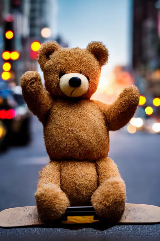 Prompt: teddy bear on a skateboard on busy new york street ,cinematic bokeh , award winning photograph with backlight