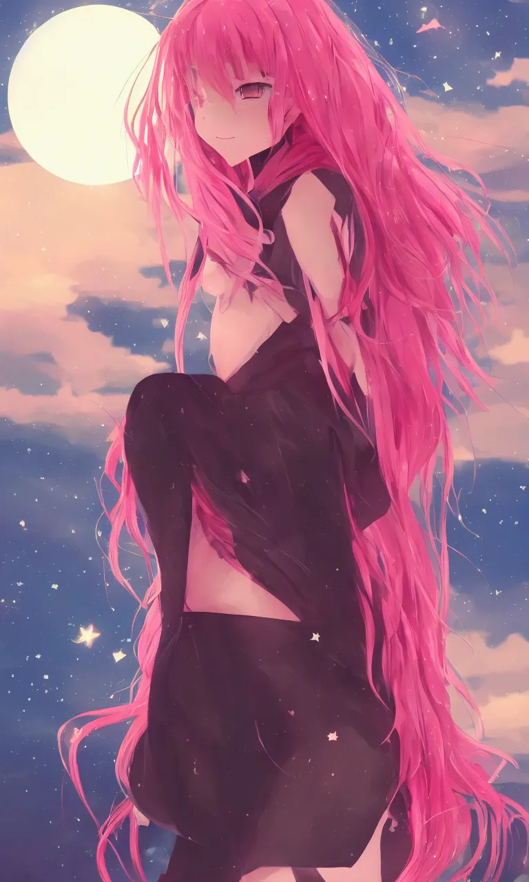 Image similar to A beautiful anime cat girl with pink hair, digital art, cgsociety, trending on artstation, sunset background with shooting stars in the sky