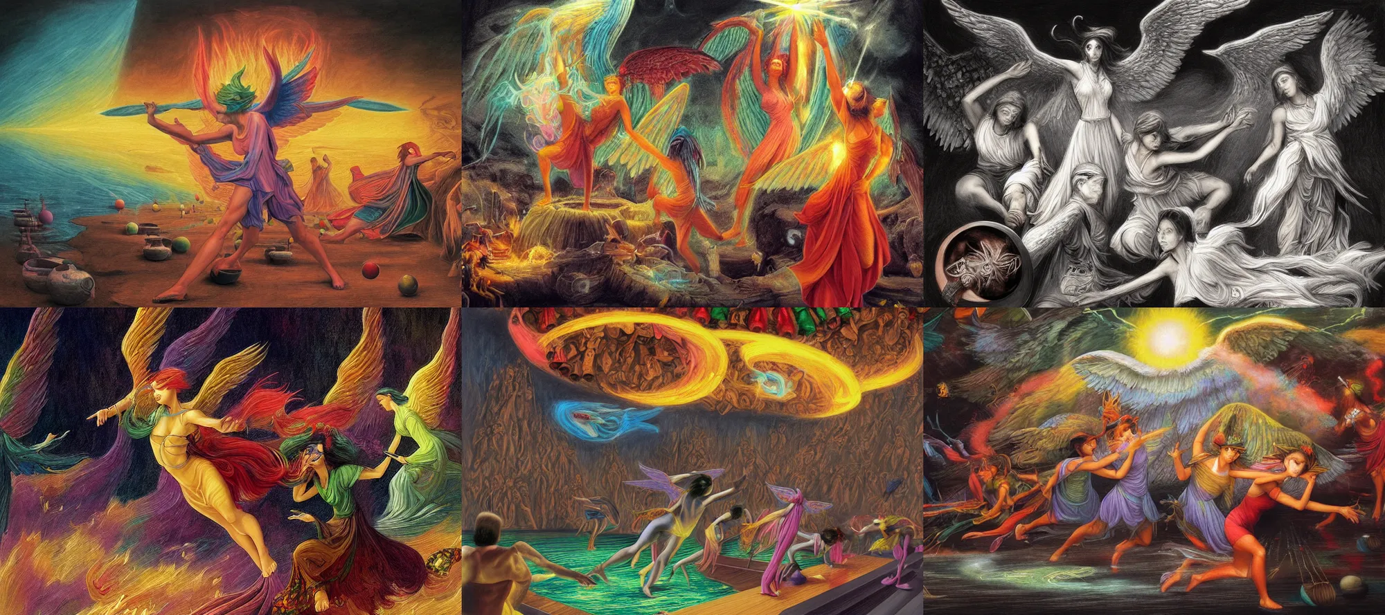 Prompt: colorful vibrant charcoal art of angels bowling at a nice taco place nearby the river styx in hades | digital drawing by thomas cole, terese nielsen, and edvard escher guay, magically shaped surrealism, trending on artstation