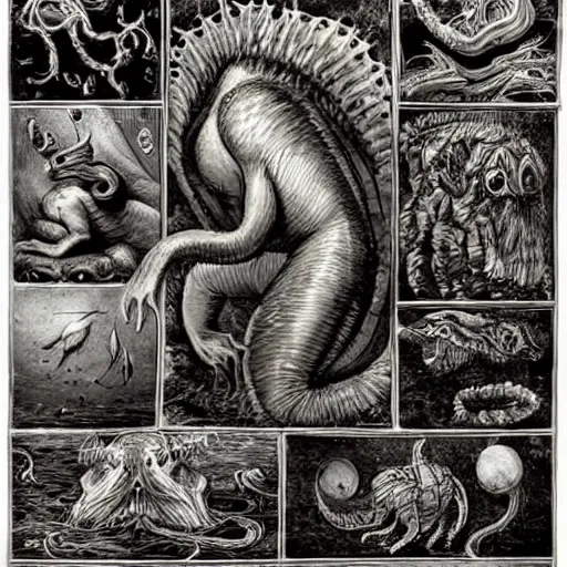 Image similar to bestiary of creatures from the depths of the unconscious psyche