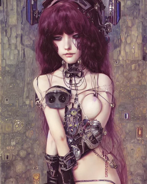 Image similar to portrait of cute beautiful young gothic maiden, cyberpunk, Warhammer, highly detailed, artstation, illustration, art by Gustav Klimt and Range Murata