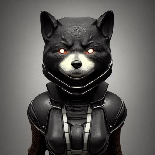 Image similar to black armor, anthropomorphic shiba inu, shiba inu face, stuning 3 d render, masterpiece, glowing aura, by tsutomu nihei, realistic face