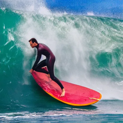 Prompt: man surfing on a wave of lava, playing heavy metal on a large guitar