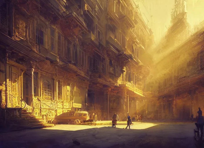 Prompt: the rich golden house and shadow of people lying around volumetric lighting, digital painting, highly detailed, artstation, sharp focus, illustration, concept art, ruan jia, steve mccurry, amazing composition