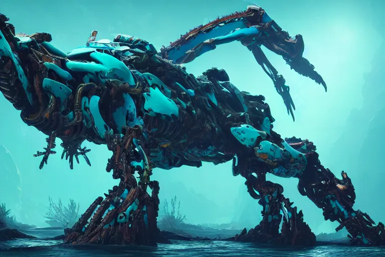 Prompt: a hyper detailed cyan fanghorn evangelion realistic mechanical and organic creature similar look as horizon forbidden west horizon zero dawn, bioluminiscence in a dark deep forest at dawn in spring, with reflection and textures, by kilian eng, substance painter reaslitic mech surface metal painted scratches,