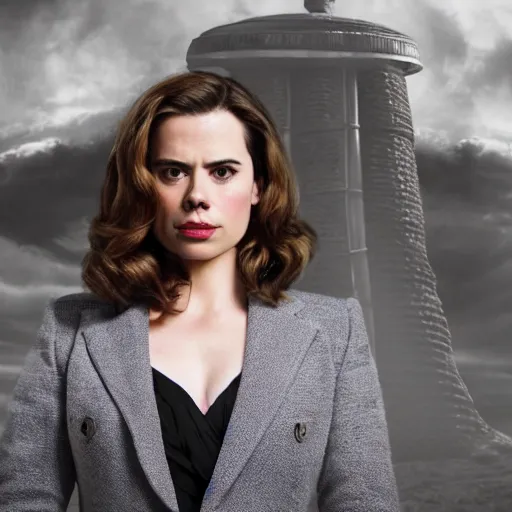 Image similar to a beautiful full body photograph of hayley atwell as'doctor who ', time vortex in the background, detailed face, symmetrical face, extreme realism and detail, 8 k, completely framed, direct lighting, 3 5 mm photo, photorealistic, sharp focus