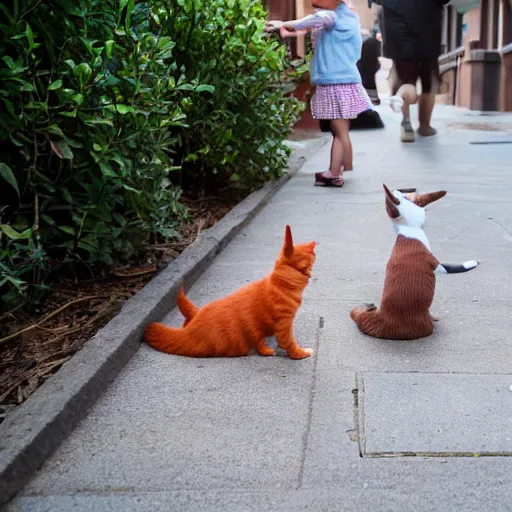 Prompt: toddler with short reddish hair pointing at Calico cat on sidewalk