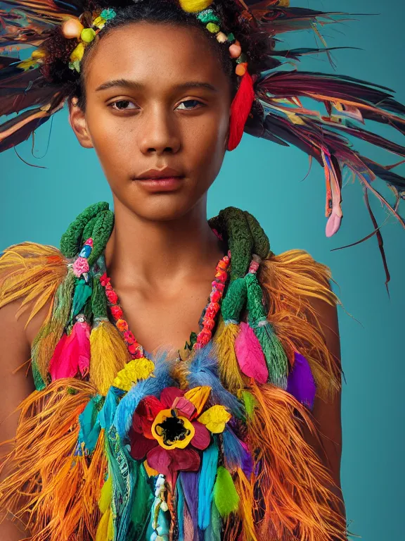 Image similar to beautiful portrait of a Subtropics minority female wearing fantastic Hand-dyed cotton dress, embellished beaded feather decorative fringe knots ,colorful pigtail,subtropical flowers and plants,symmetrical face,intricate,elegant, highly detailed, 8k,post-processing,digital painting, trending on artstation, concept art, sharp focus, illustration,by Steve McCurry and Tom Bagshaw and Daniel Gerhartz and Albert Aublet and Lawrence Alma-Tadema