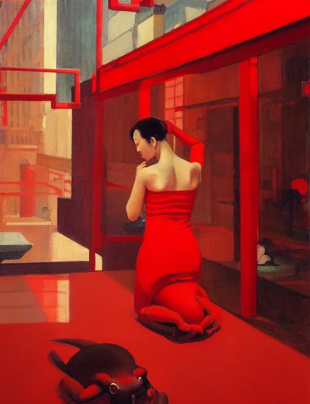 Image similar to only with red, red goddess, tokyo, a lot of frogs to watch, in the style of beksinsky, parts of edward hopper, parts of rodchenko, parts of yue mingjun, complex and epic composition, red caravaggio, insanely high - quality, very detailed, masterpiece, red light, artstation, 4 k