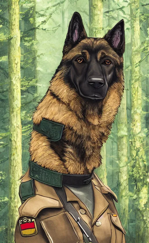 Image similar to close up character portrait icon of the german shepard military uniform head animal person fursona wearing clothes standing in the bright forest, hidari, color page, tankoban, 4 k, tone mapping, akihiko yoshida