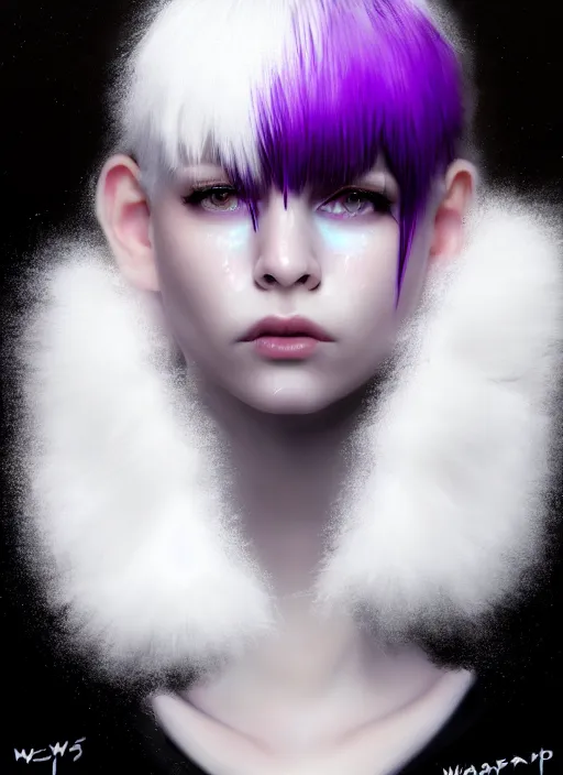 Image similar to whitebangs, black hair, black cyberlox, portrait of white teenage girl, normal face, white bangs, fluffy bangs, cyberlox, whitebangs, red contact lenses, purple background, intricate, elegant, highly detailed, digital painting, artstation, concept art, sharp focus, smooth, illustration, art by wlop, mars ravelo and greg rutkowski