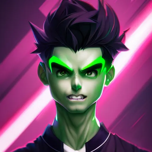 Image similar to a full body character design by artgerm, wlop, ross tran. young danny phantom!! glowing green eyes!! sharp teeth!! face sharp edges. ultra clear detailed. 8 k. ultra detailed, elegant, intricate, octane render.