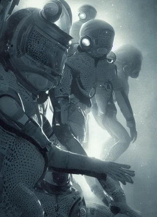 Image similar to astronauts in dark and empty void underwater - complex and hyperdetailed technical suit. reflection and dispersion materials. rays and dispersion of light. volumetric light. 5 0 mm, f / 3 2. noise film photo. flash photography. ultra realistic, wide angle. poster by wayne barlowe, hajime sorayama aaron horkey, craig mullins