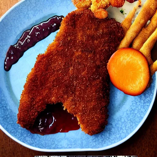 Prompt: epic illustration of a breaded steak with jam!!!!!! and a `blue flower`!!!!!!!!!!!!, best on artstation, cgsociety, much detail, much wow, masterpiece