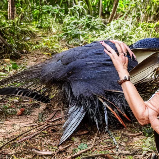 Prompt: angry middle aged lady standing over a dead cassowary in the jungle, greek ethnicity, thin face structure, uncombed straight grey black hair, tribalism, photo, realistic, outdoor lighting, 4 k, 8 k, hd, 3 9 mm lens