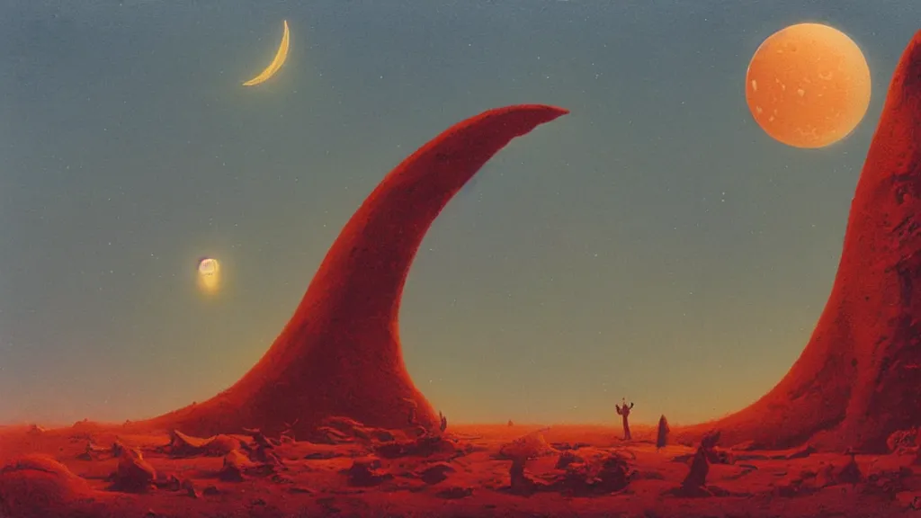 Image similar to mysterious whimsical sculpture of an alien crescent moon by paul lehr and john schoenherr, cinematic matte painting